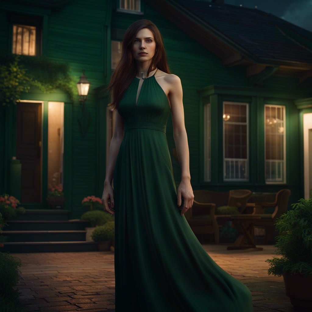Elegant Woman in Green Dress, Detailed Matte Painting