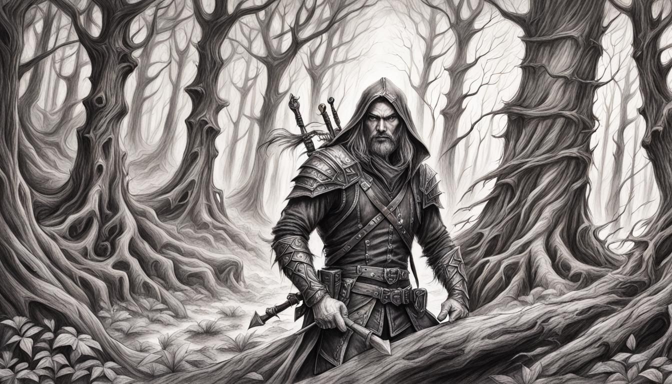Dark Fantasy Half-Elf Assassin in Forest Charcoal Art