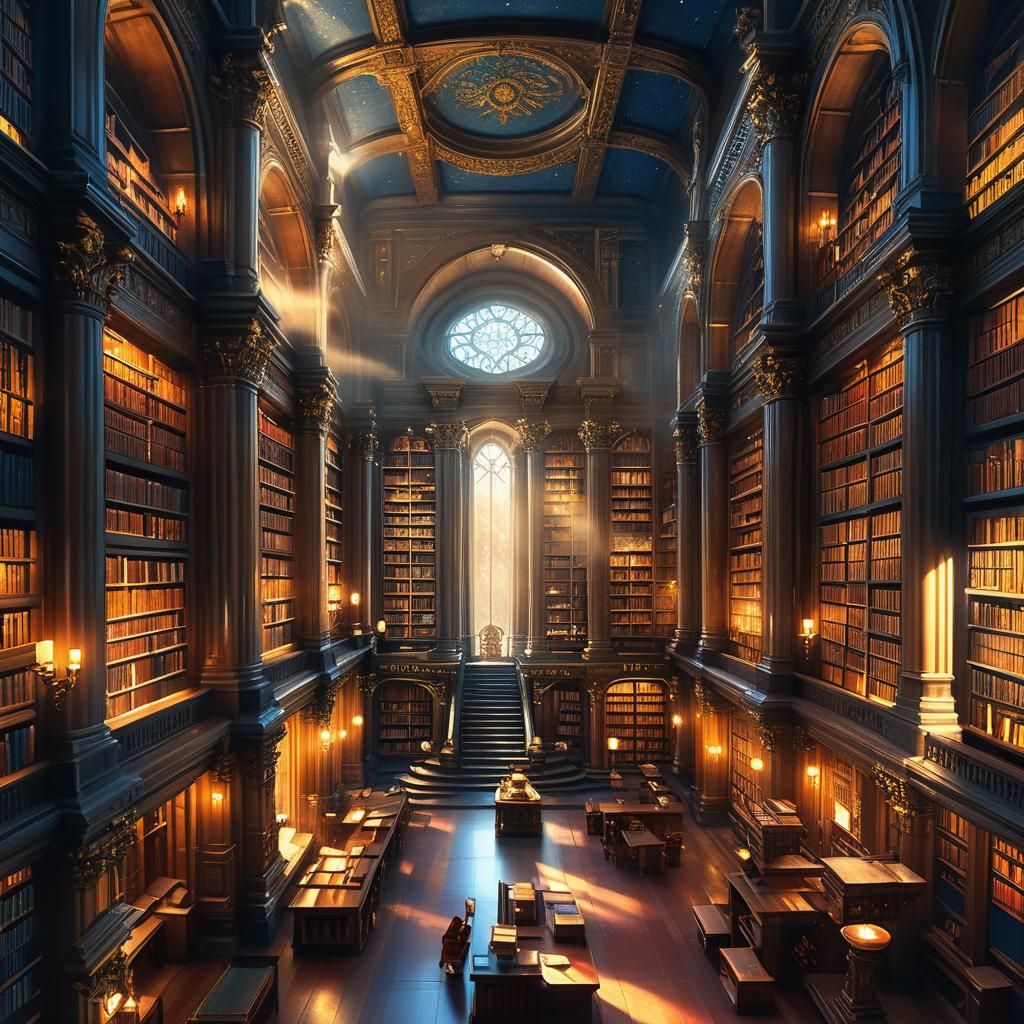 Grand High Fantasy Library with Mystical Atmosphere