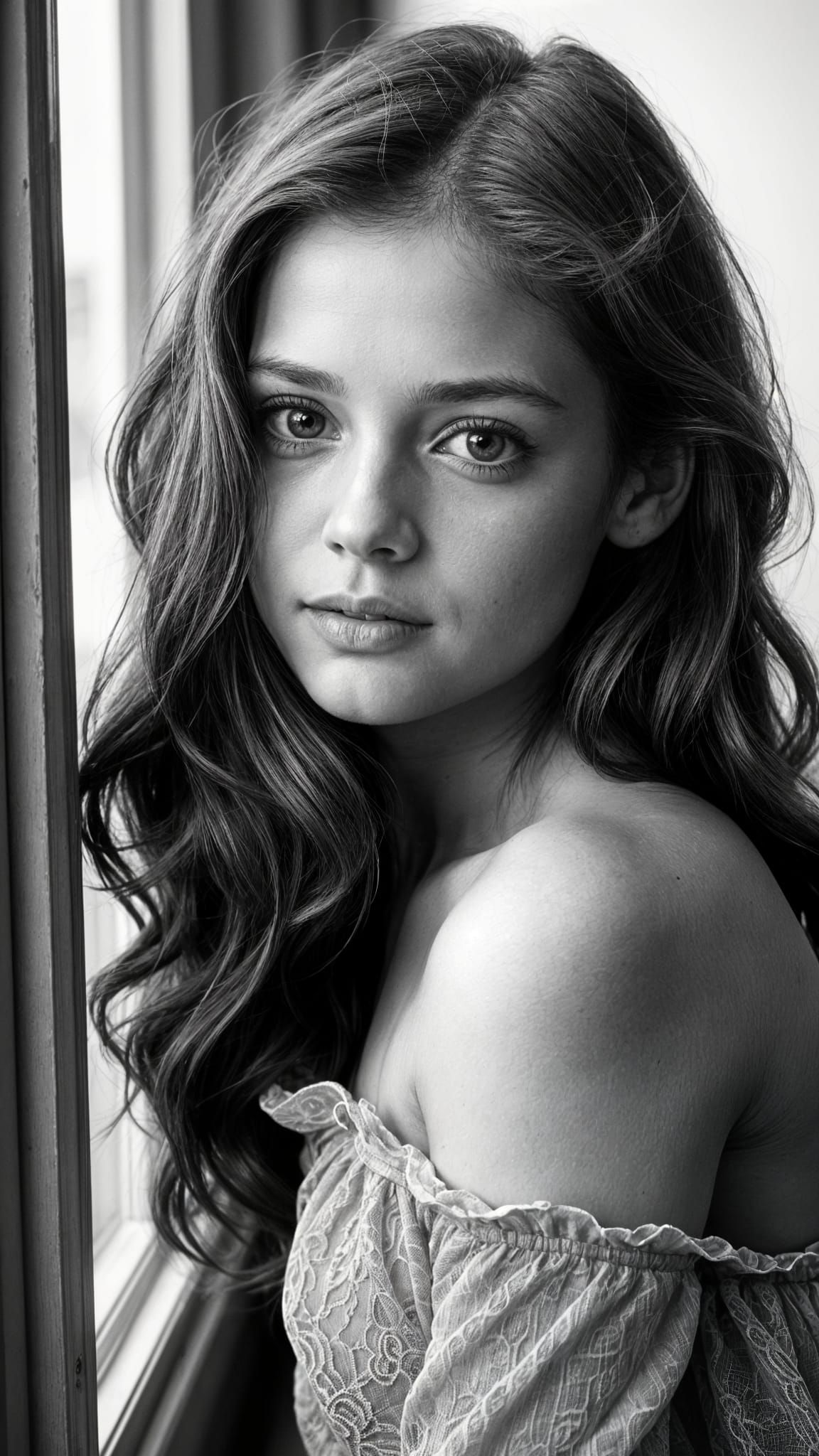 Striking Black and White Portrait of Girl in Lace