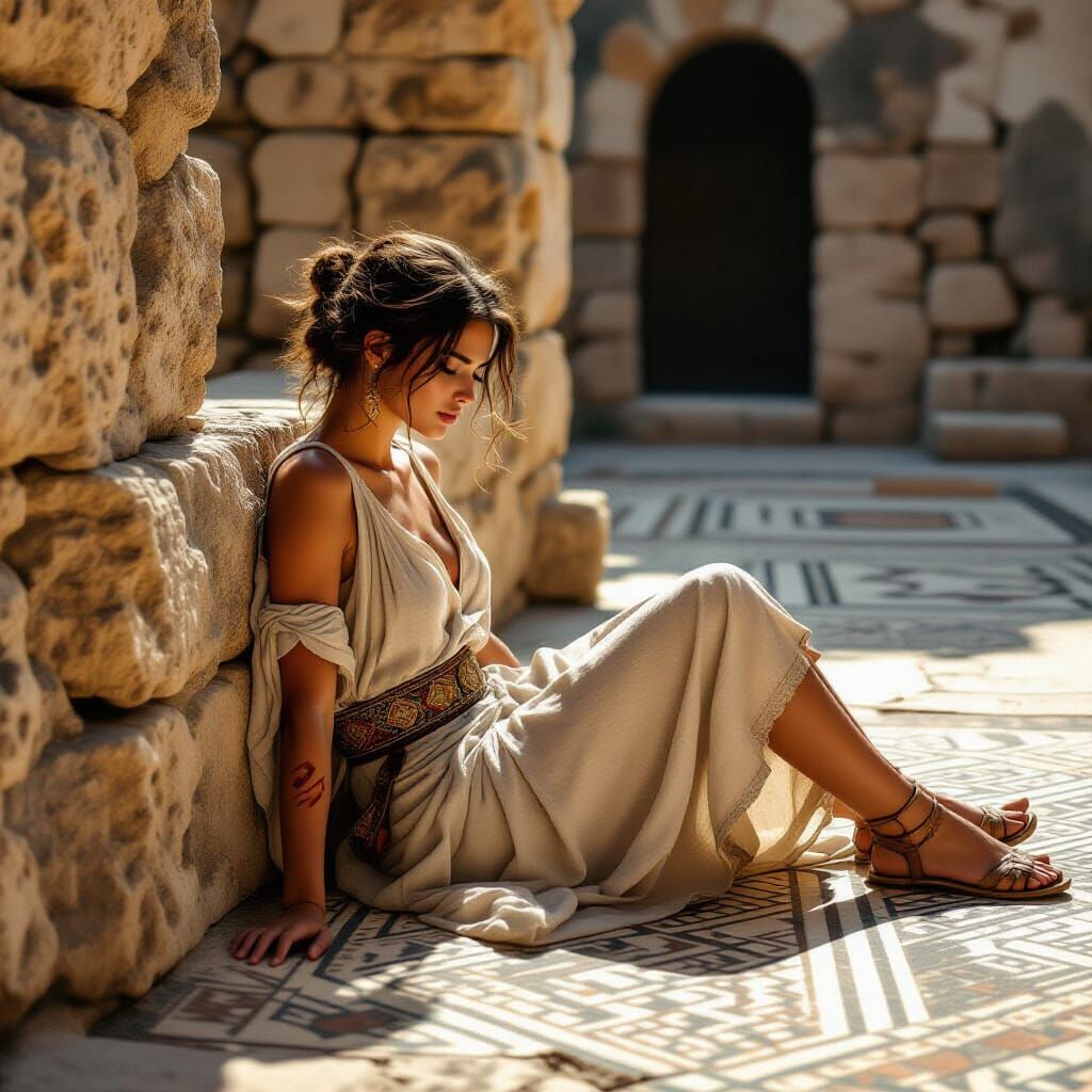 Ruined Roman Courtyard: Woman Resting in Sunlight