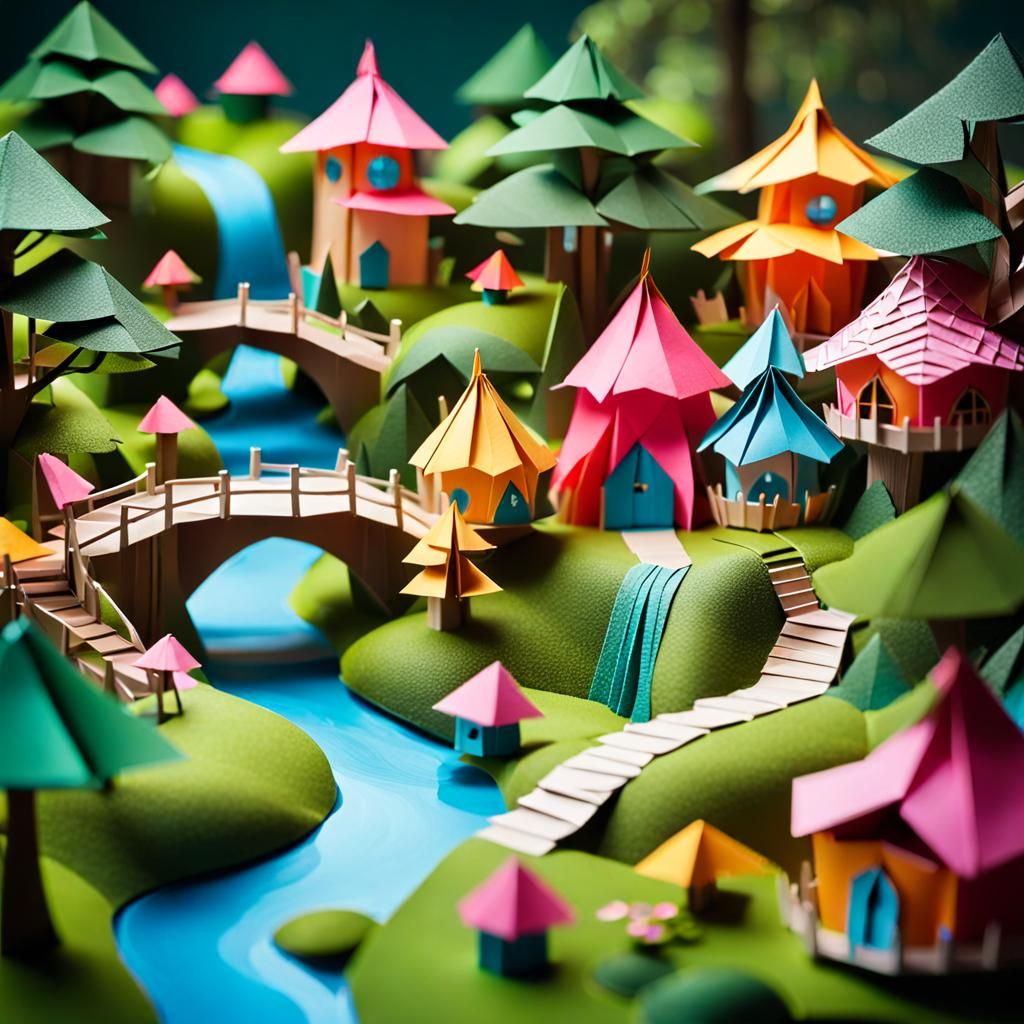 Mystical Miniature World: Enchanting Origami Fairy Village Embraced by Whimsical Treehouses and Playful Pop-Up Fairies