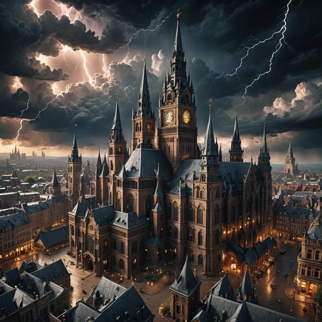 Epic Fantasy Cityscape Under Stormy Sky