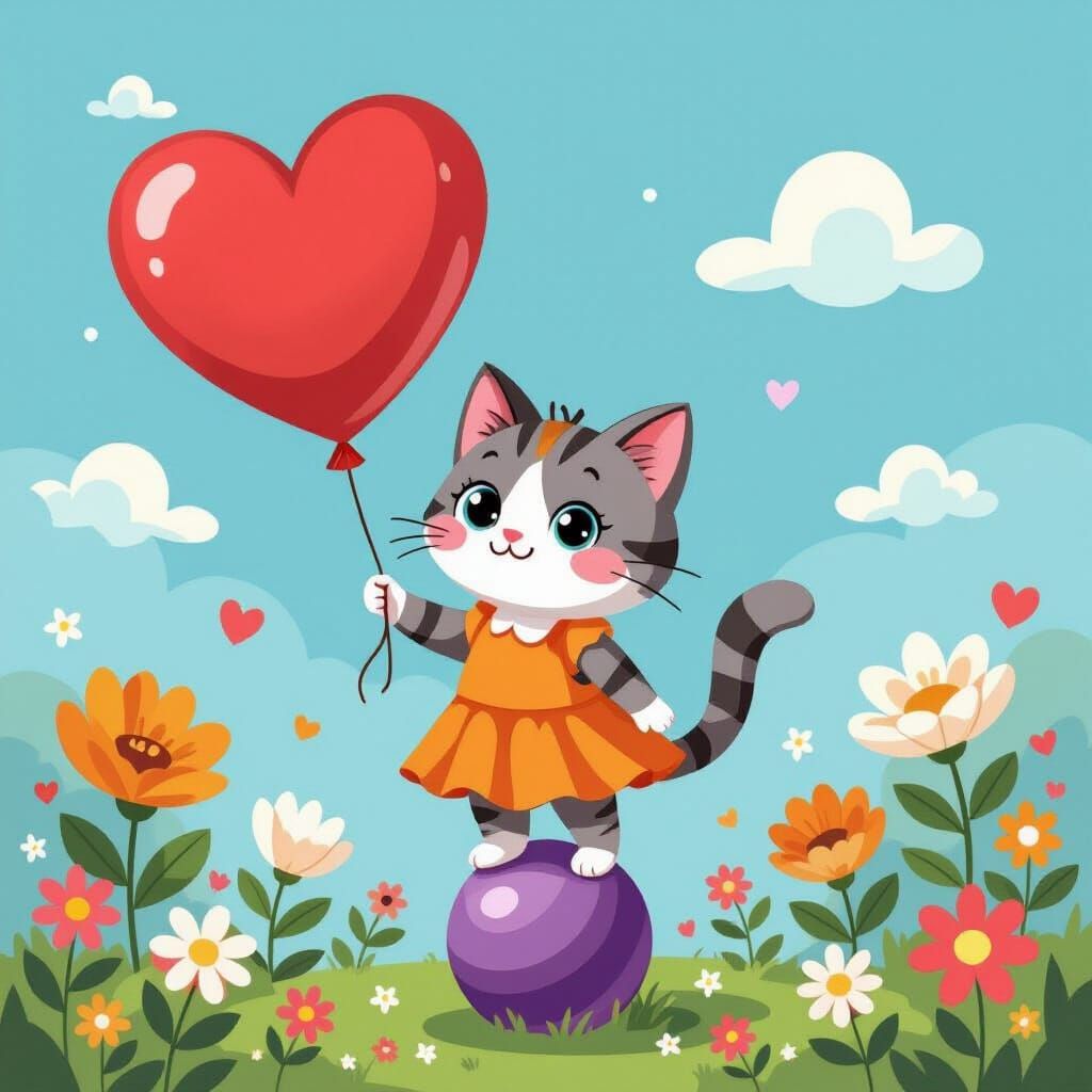 Cartoon Cat Balances on Ball With Heart Balloon