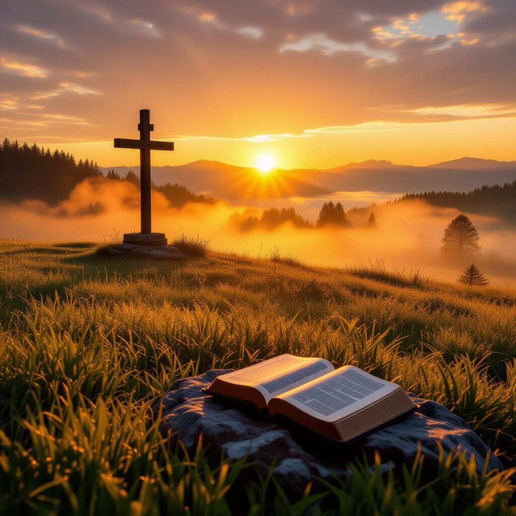 Sunrise Over Hill with Cross, Inspiring Hope