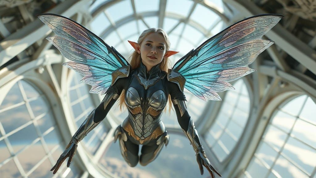 Elf Cyborg with Holographic Wings in Space Station