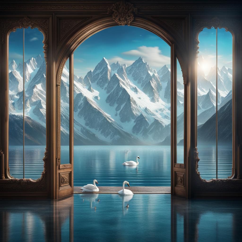 Ocean Glass Doorway to Snowy Mountain Lake