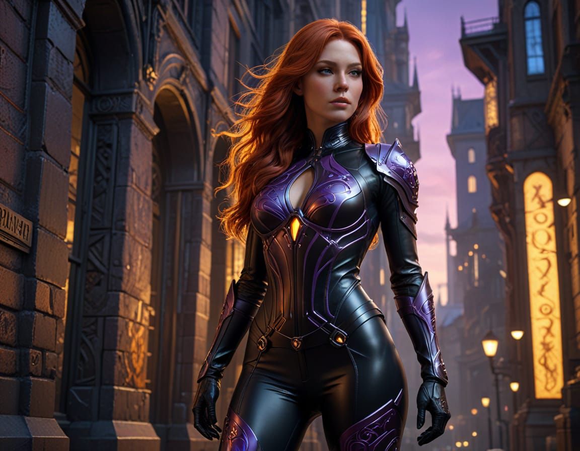 Style DC Comics: 25 year old woman with very long red hair, latex full bodysuit, over knee platform stiletto high heel b...