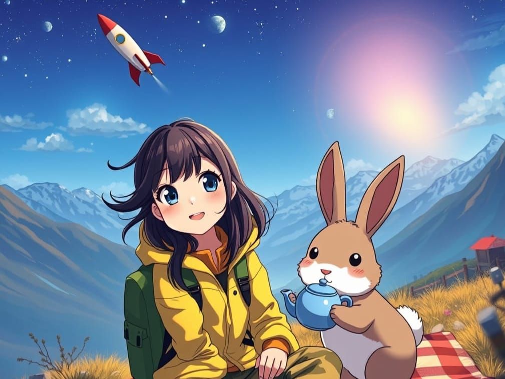 Anime Girl's Mountain Picnic with Hare