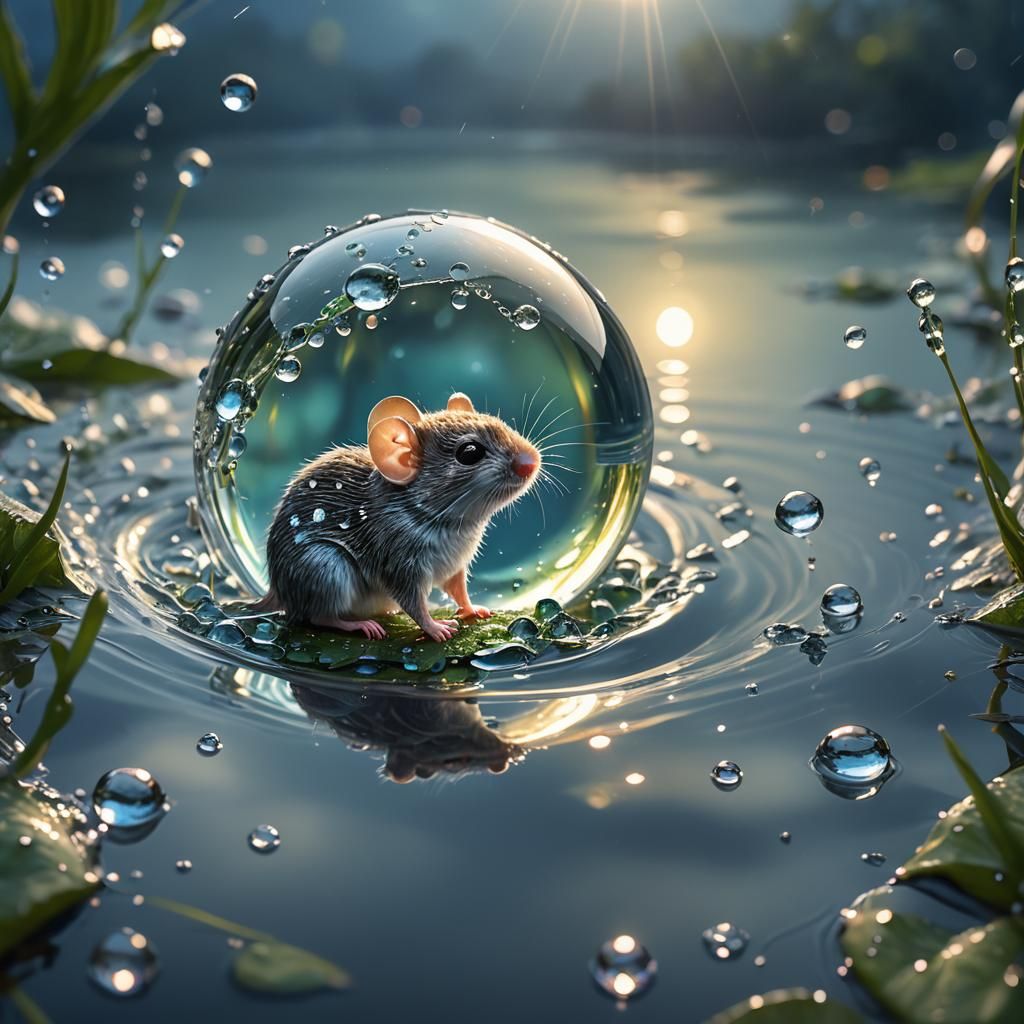 Mouse in Dewdrop: Hyperrealistic 3D Render