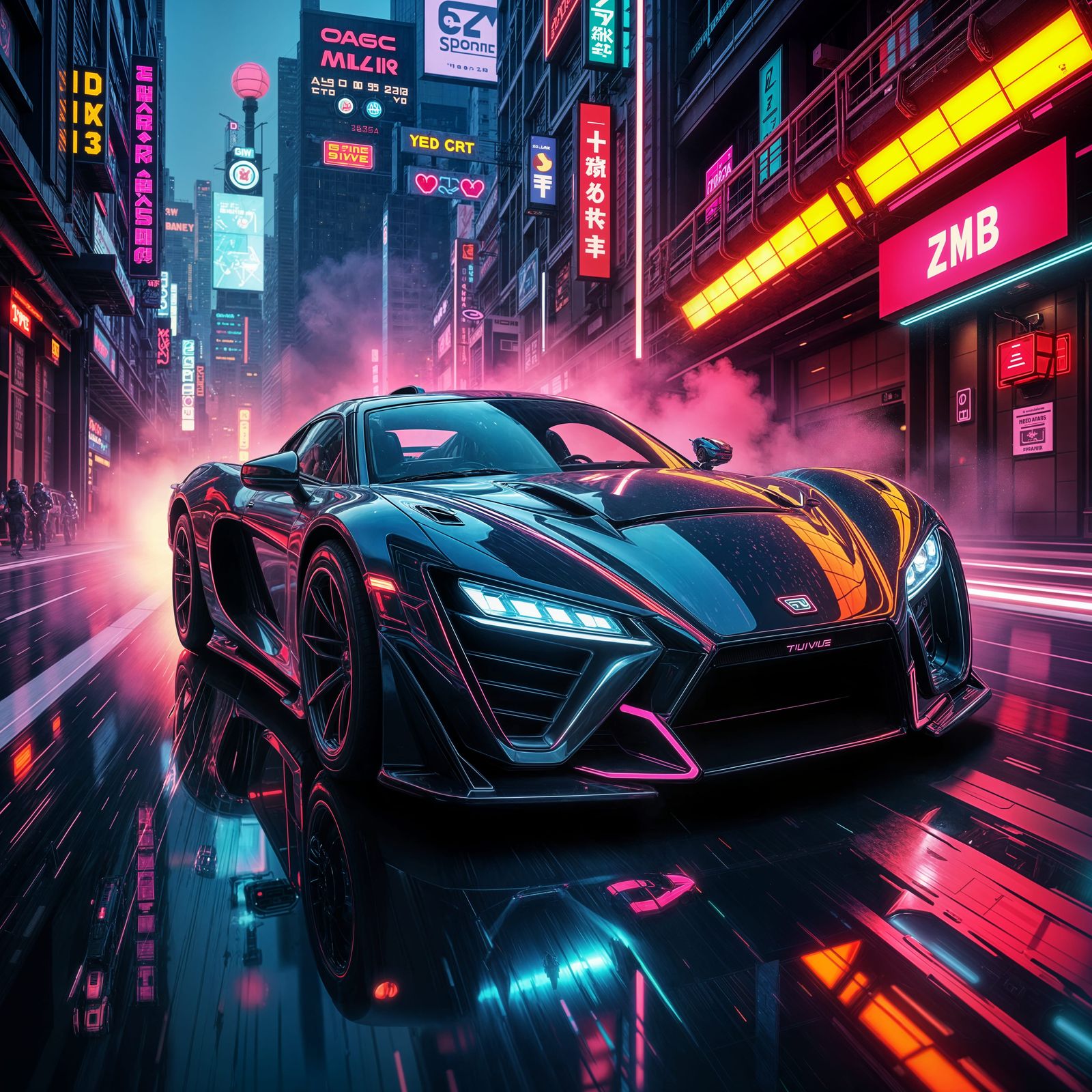 Neon-Lit Car Battle in Retro-Futuristic Style