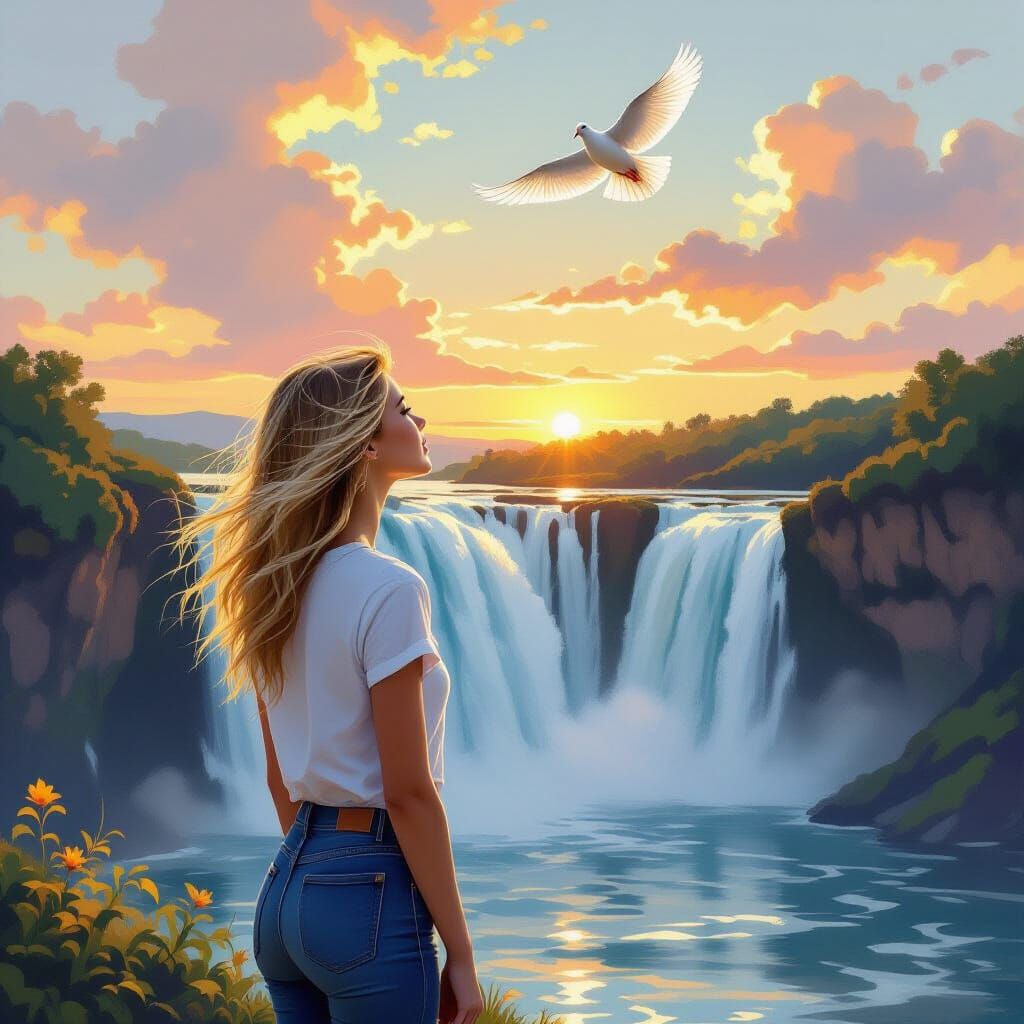 Woman Gazes Over Sunrise Waterfall in Gentle Breeze