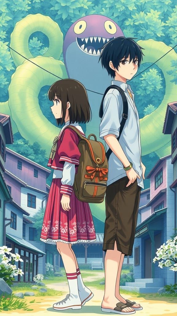 Suzume and Souta Sealing Doors in Anime Style