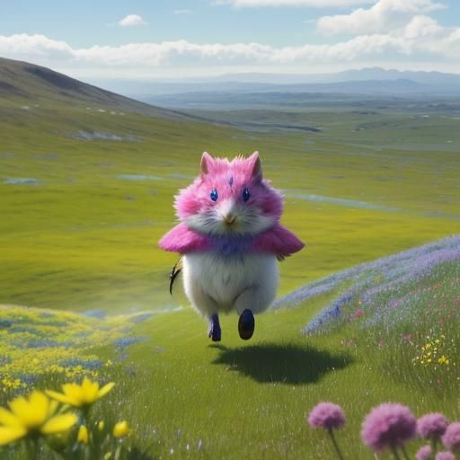 Whimsical Green Creature Runs Through Fantasy Meadow