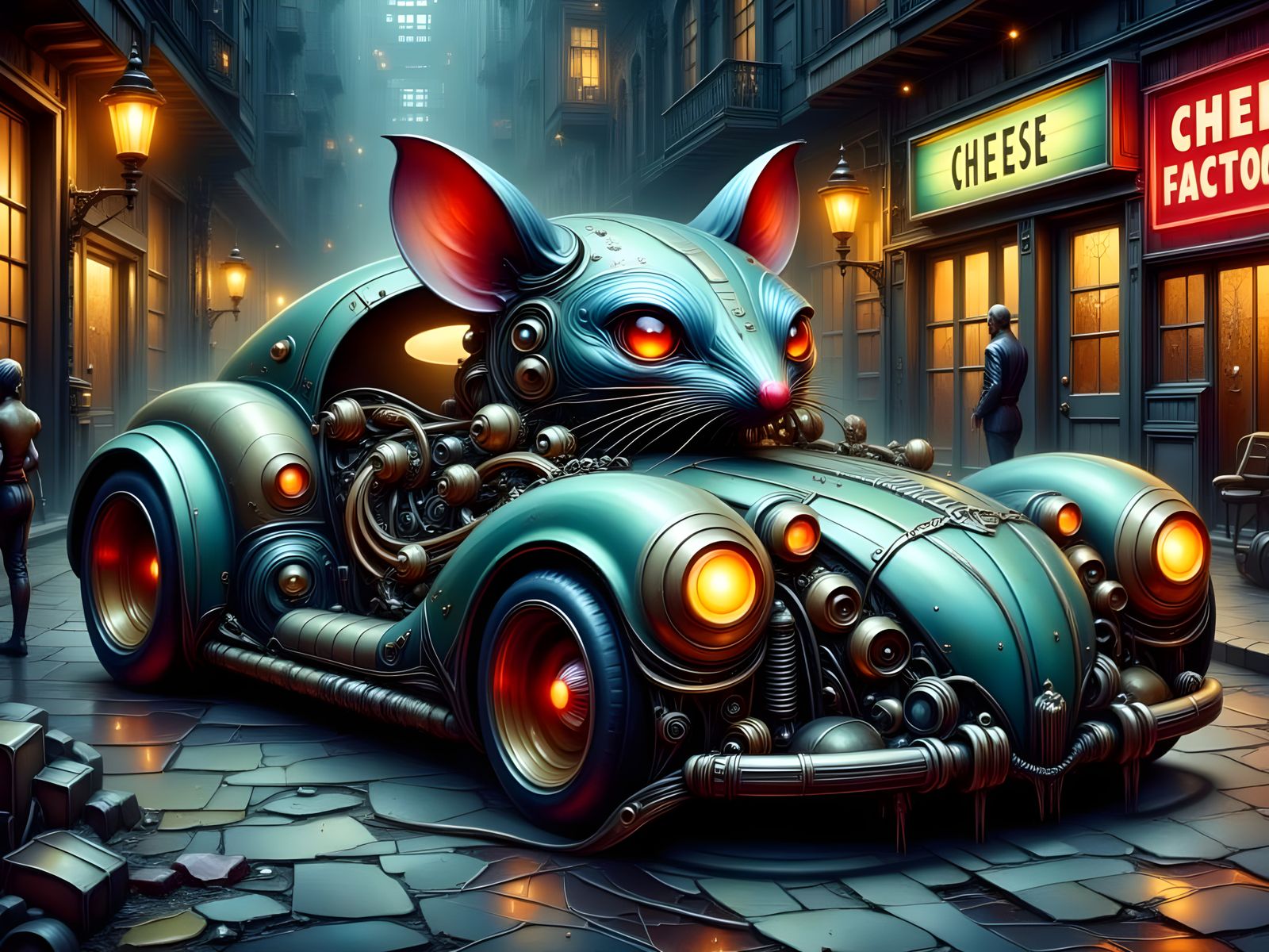 Cybernetic Ratmobile in a Dark Alley