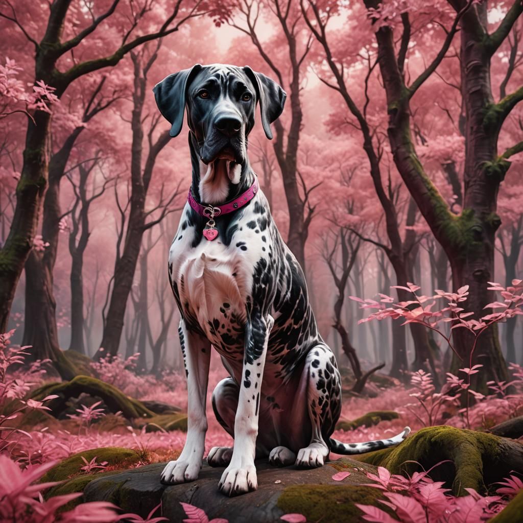 Cute Great Dane in Pink Woods: Fantasy Art
