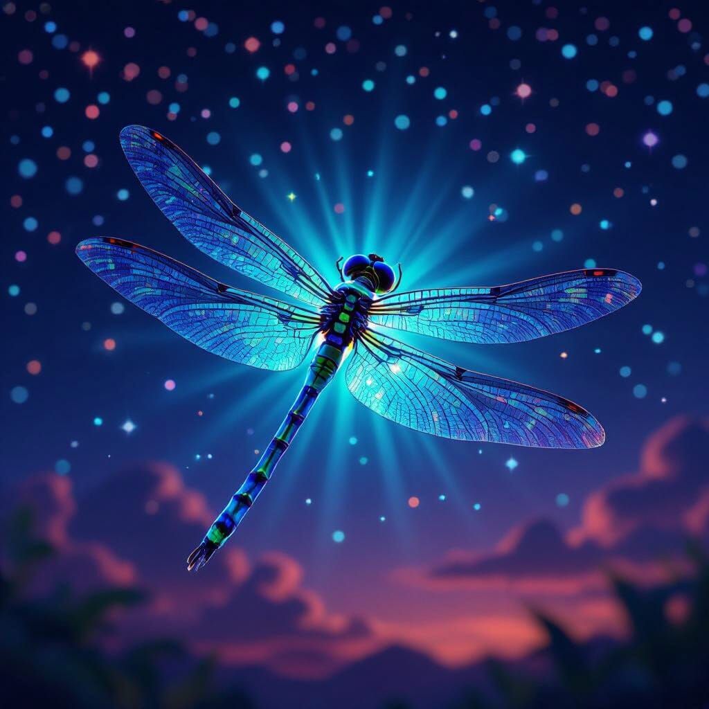 Iridescent Dragonfly Flight in Starry Night Sky