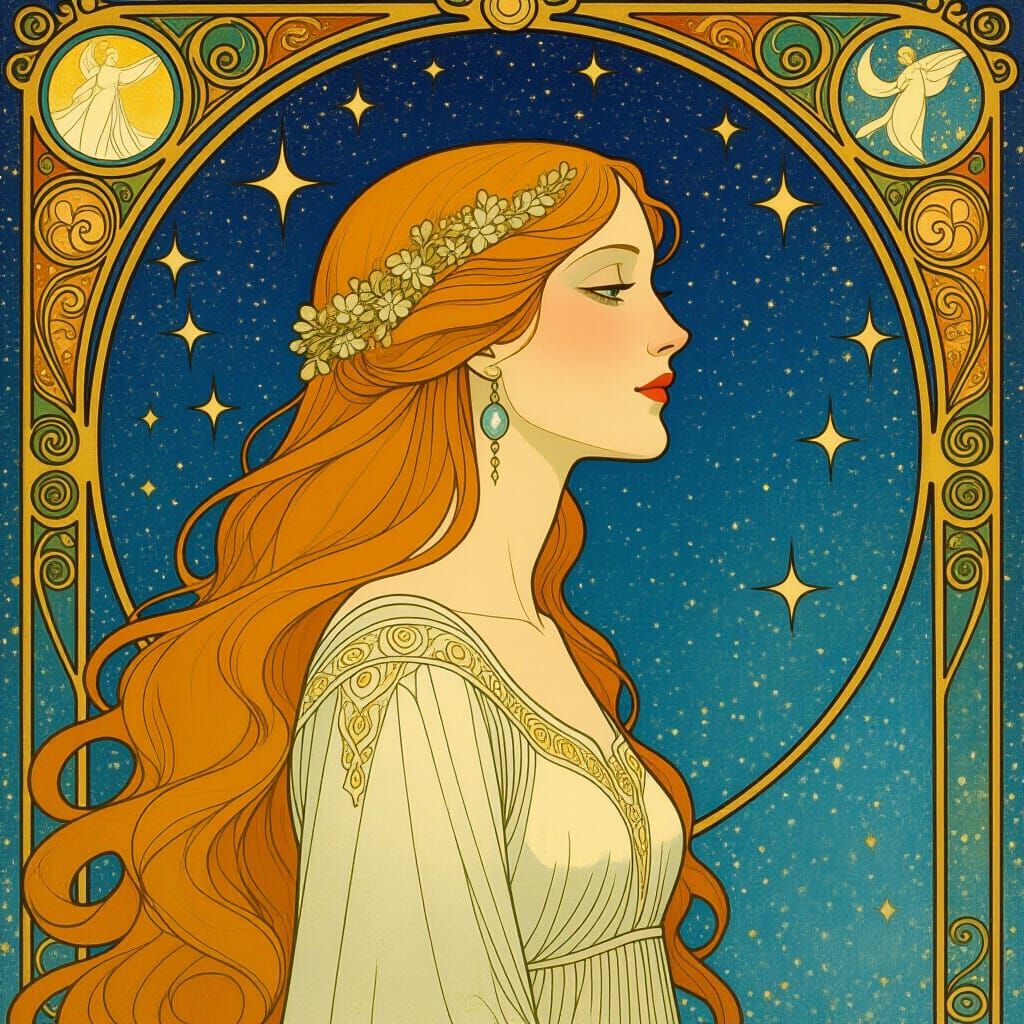 Enchanted Noble Woman on Celestial Stage in Art Nouveau Styl...