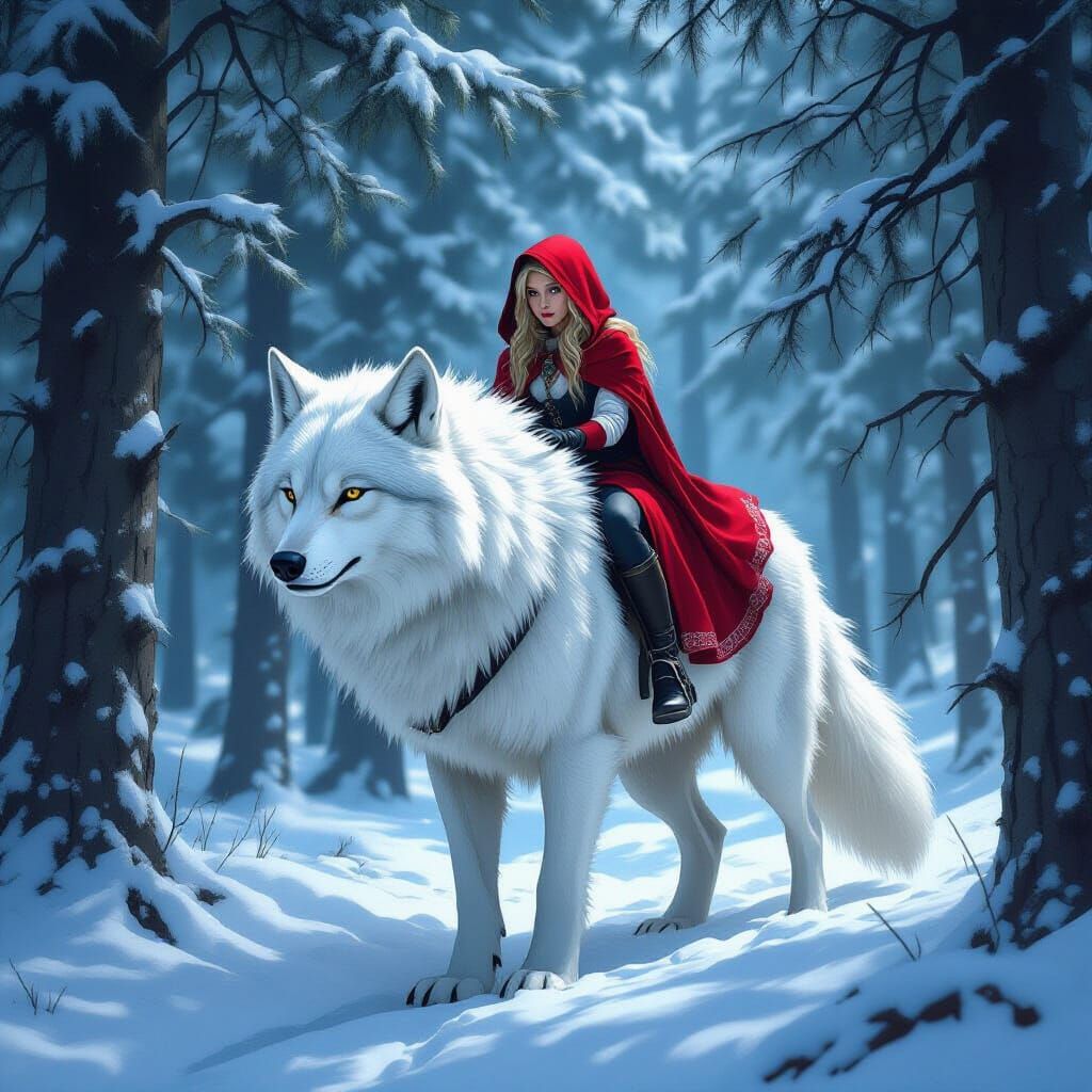 Little Red Riding Hood Rides a White Wolf in Dark Fantasy