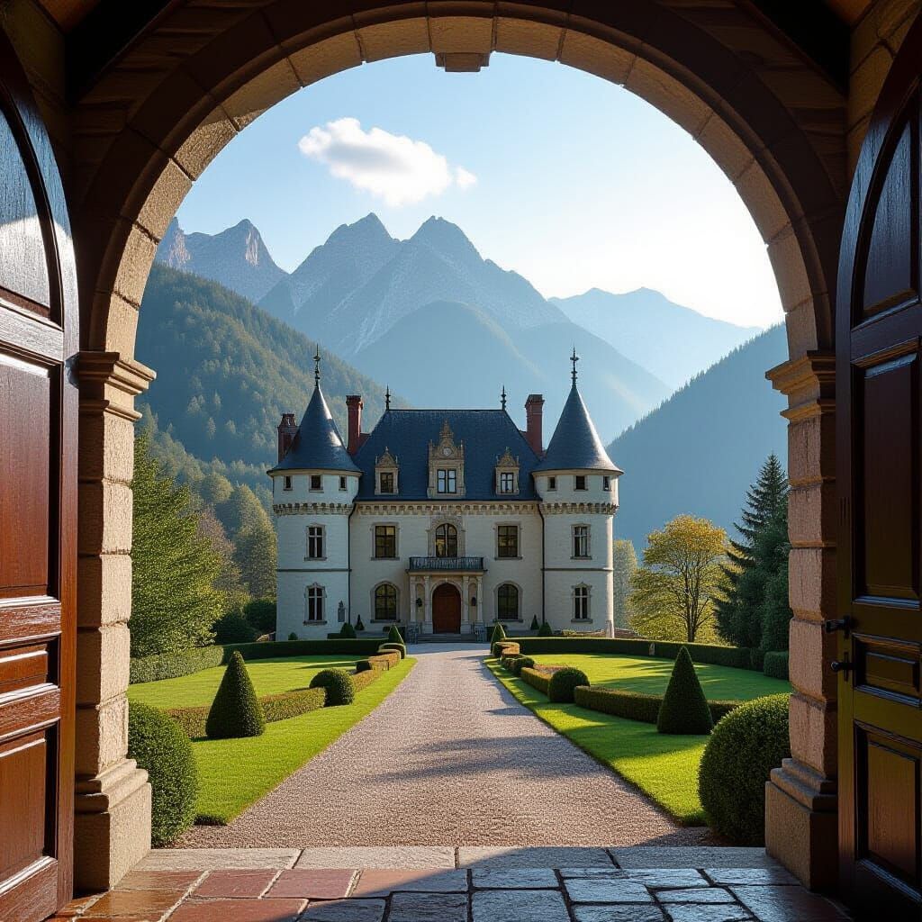 Chateau in the Mountains at Sunrise