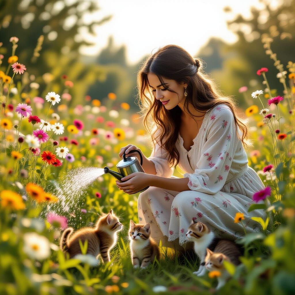 Woman in Sunny Garden with Kittens: Hyperrealistic Digital A...