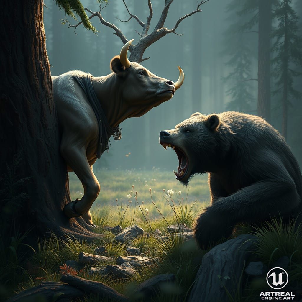 Fantastical Scene of a Cow and Bear in a Dark Forest