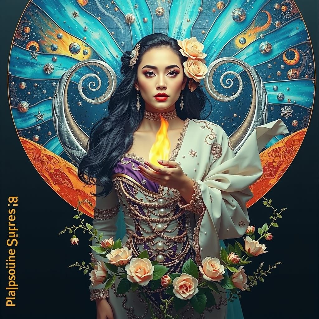 Woman in Starry Night Sky with Fractal Outfit