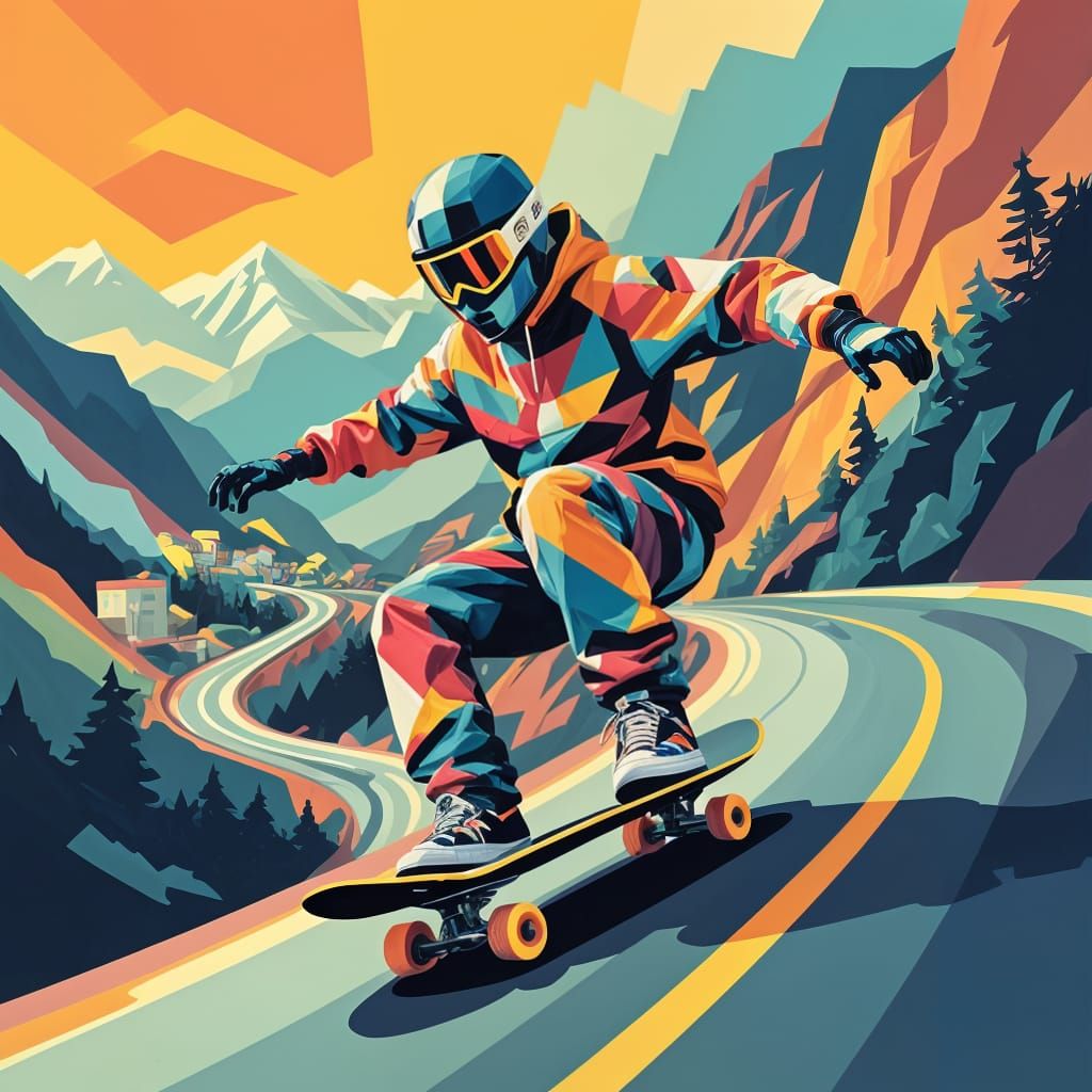Comic Figure Rides Skateboard in Cubist Art Deco Style
