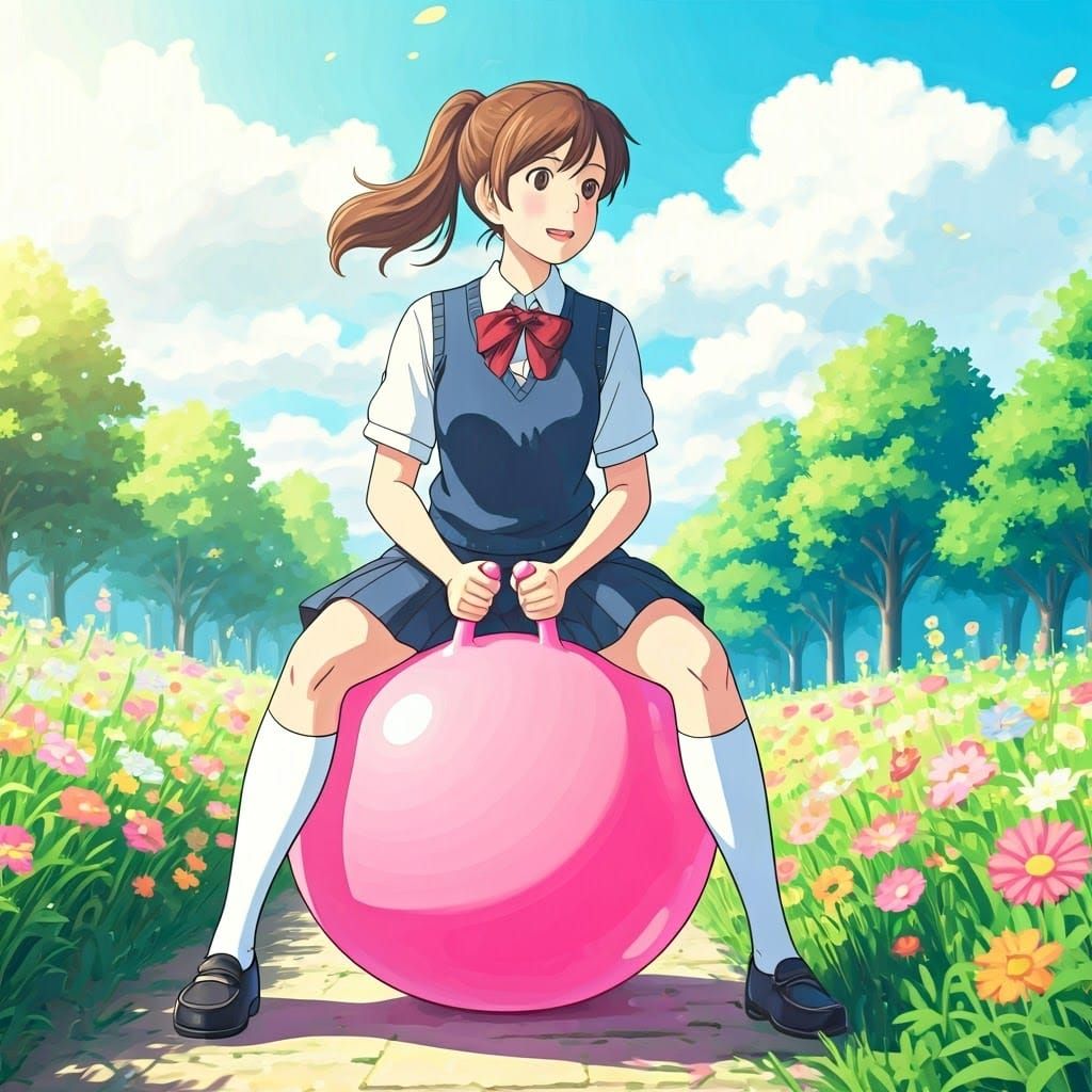Whimsical School Girl in Vibrant Ghibli-Style Fantasy
