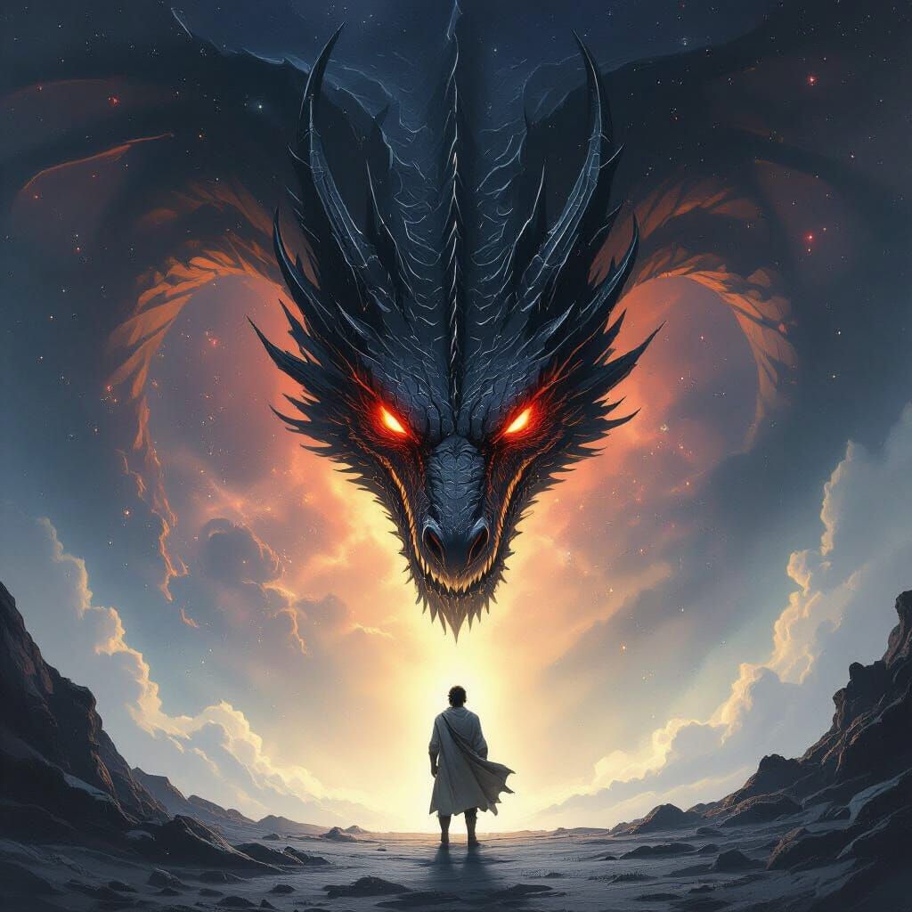 Epic Fantasy Dragon Confronts Human in Cosmic Void