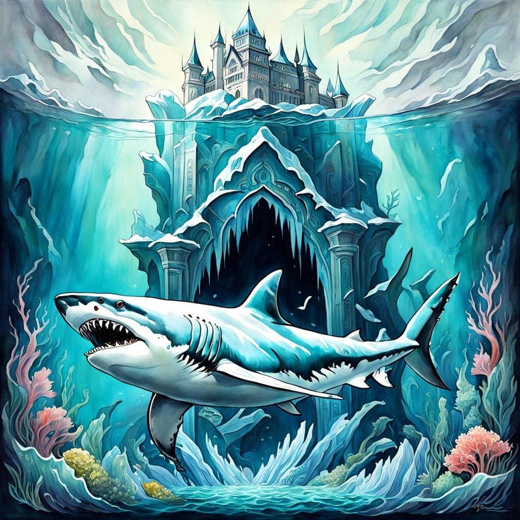 Frozen Shark in Iceberg, Art Nouveau Watercolor