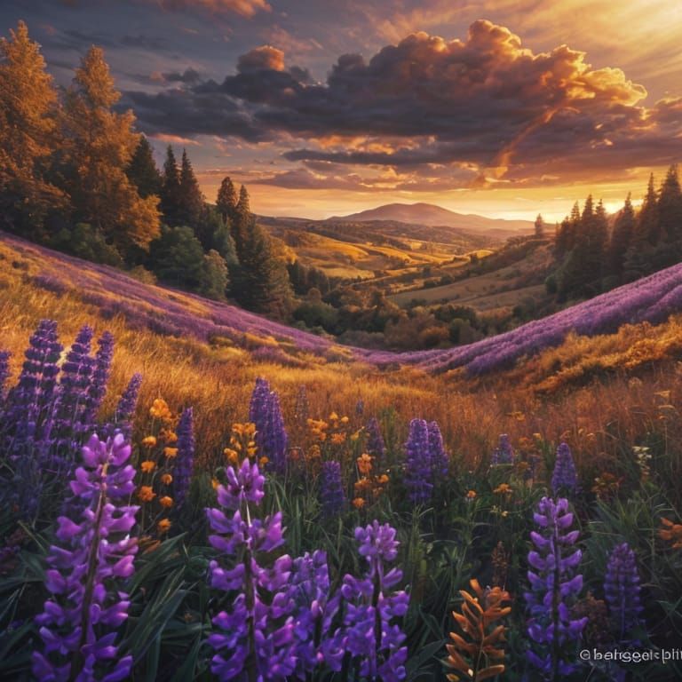 Autumn Steampunk Landscape with Vibrant Orange and Purple Hu...