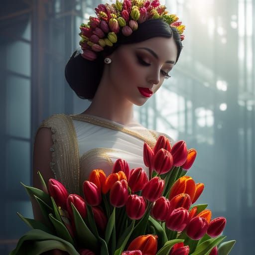 Goddess of Tulips in a Floral Dress