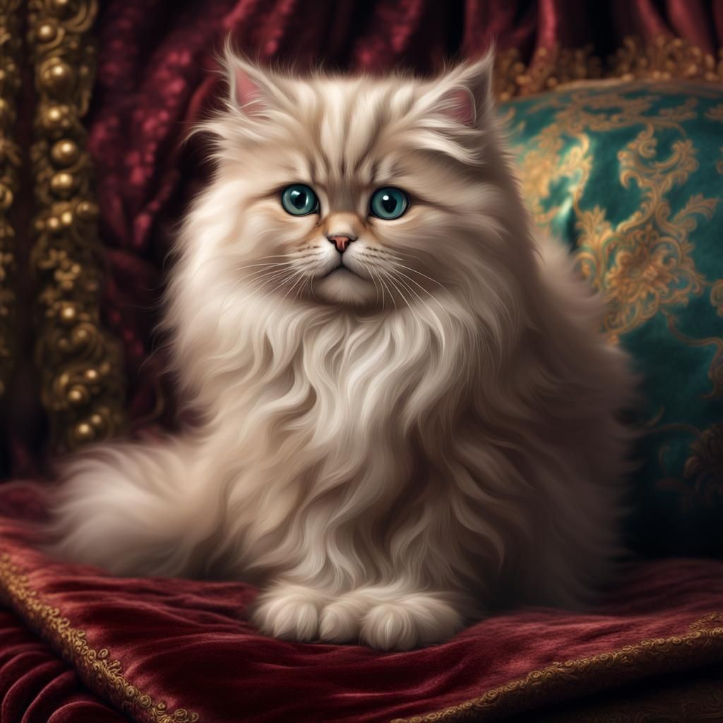 Luxurious Persian Kitten on Velvet Cushion