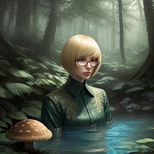 Blonde Woman Bathing in Forest Pool, Hyperrealistic
