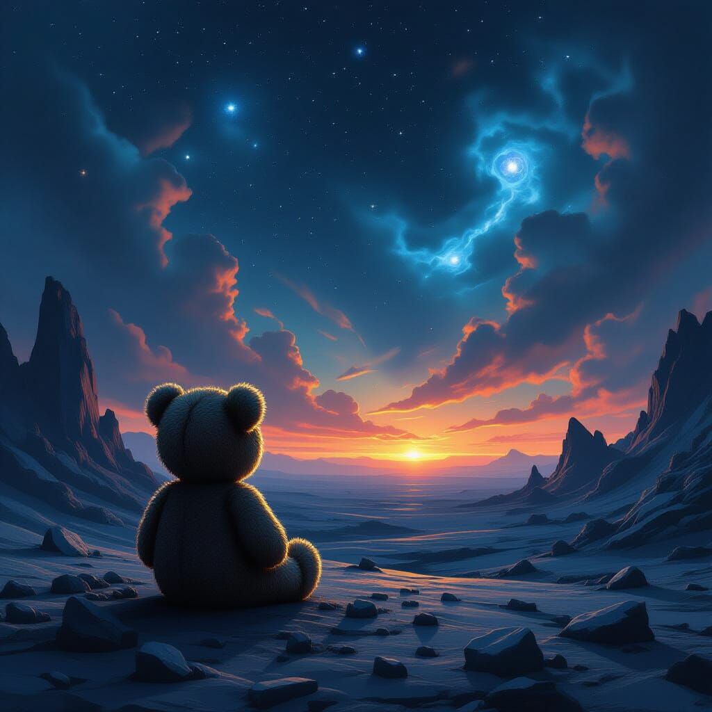 Teddy Bear on Alien Planet Amidst Nebulae