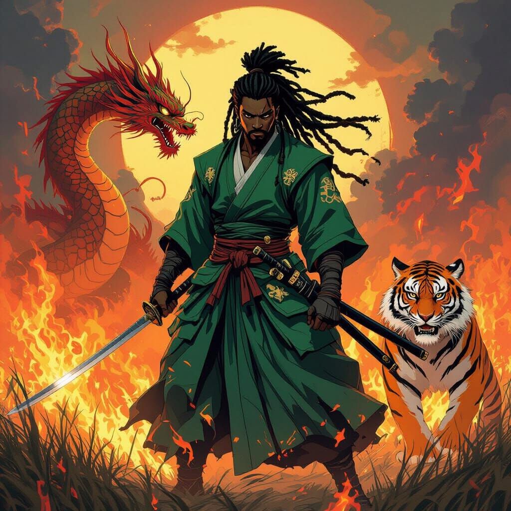 African Samurai Warrior with Dragon and Tiger in Fiery Field