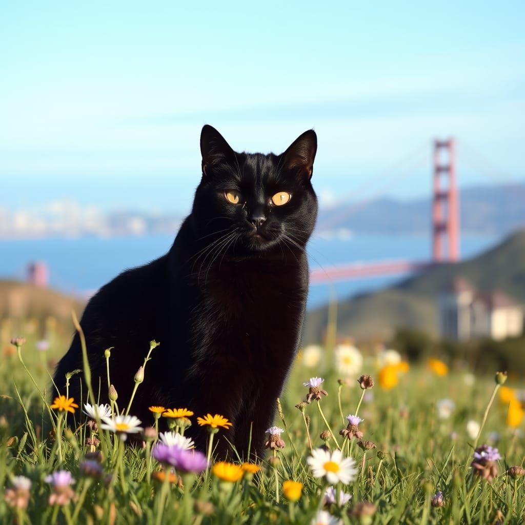 Black Cat Overlooking Golden Gate in Wildflowers