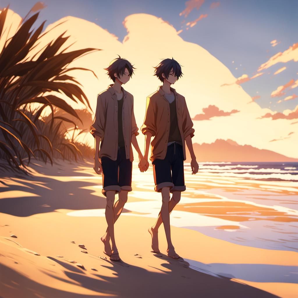 Anime-Inspired Beach Boys Walking Hand in Hand