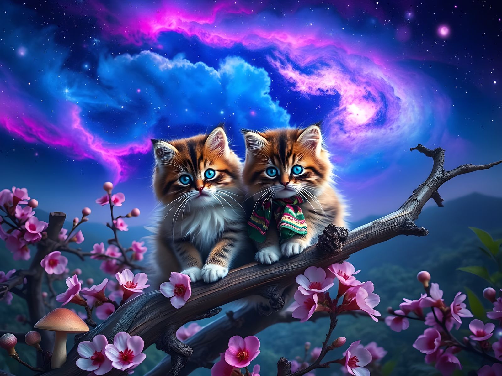 Maine Coone Kittens Adorn a Cherry Blossom Branch in a Celes...