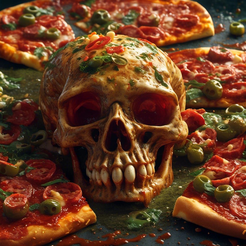 Halloween Skull Faces Made of Pizza Ingredients