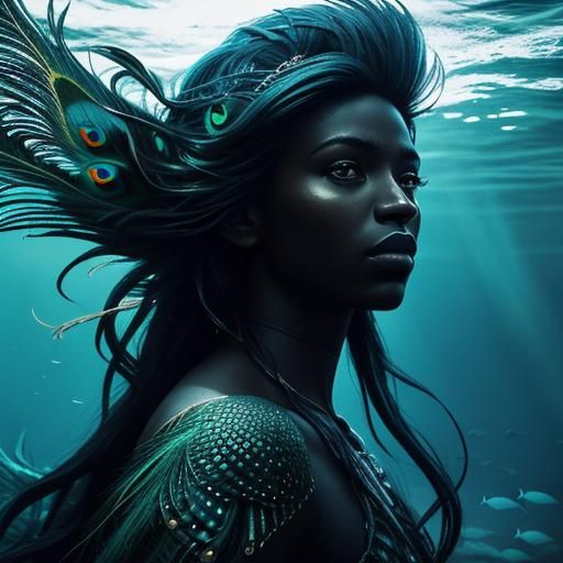 Peacock Mermaid in Oceanic Darkness: Cinematic Portrait