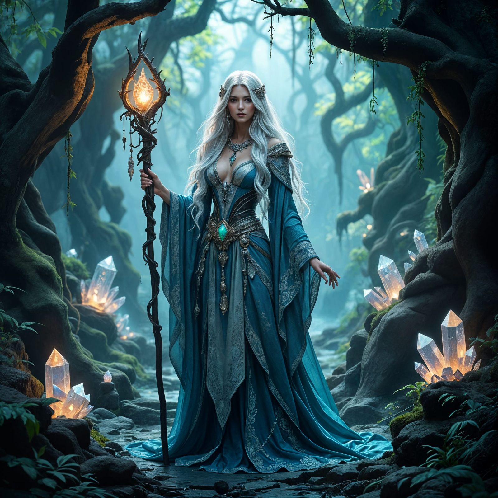 Sorceress in Grotto with Crystals, Photorealistic Painting