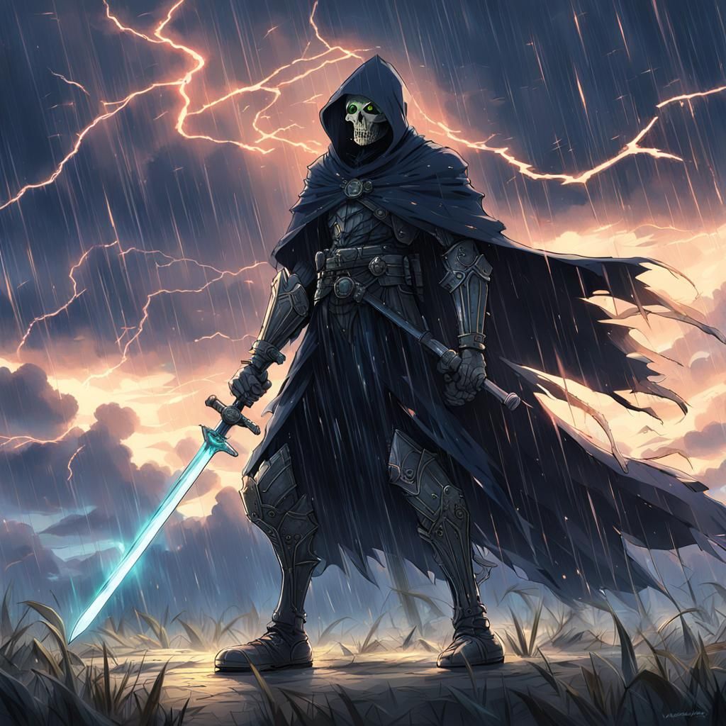 Armored Grim Reaper with Glowing Sword in Anime Style