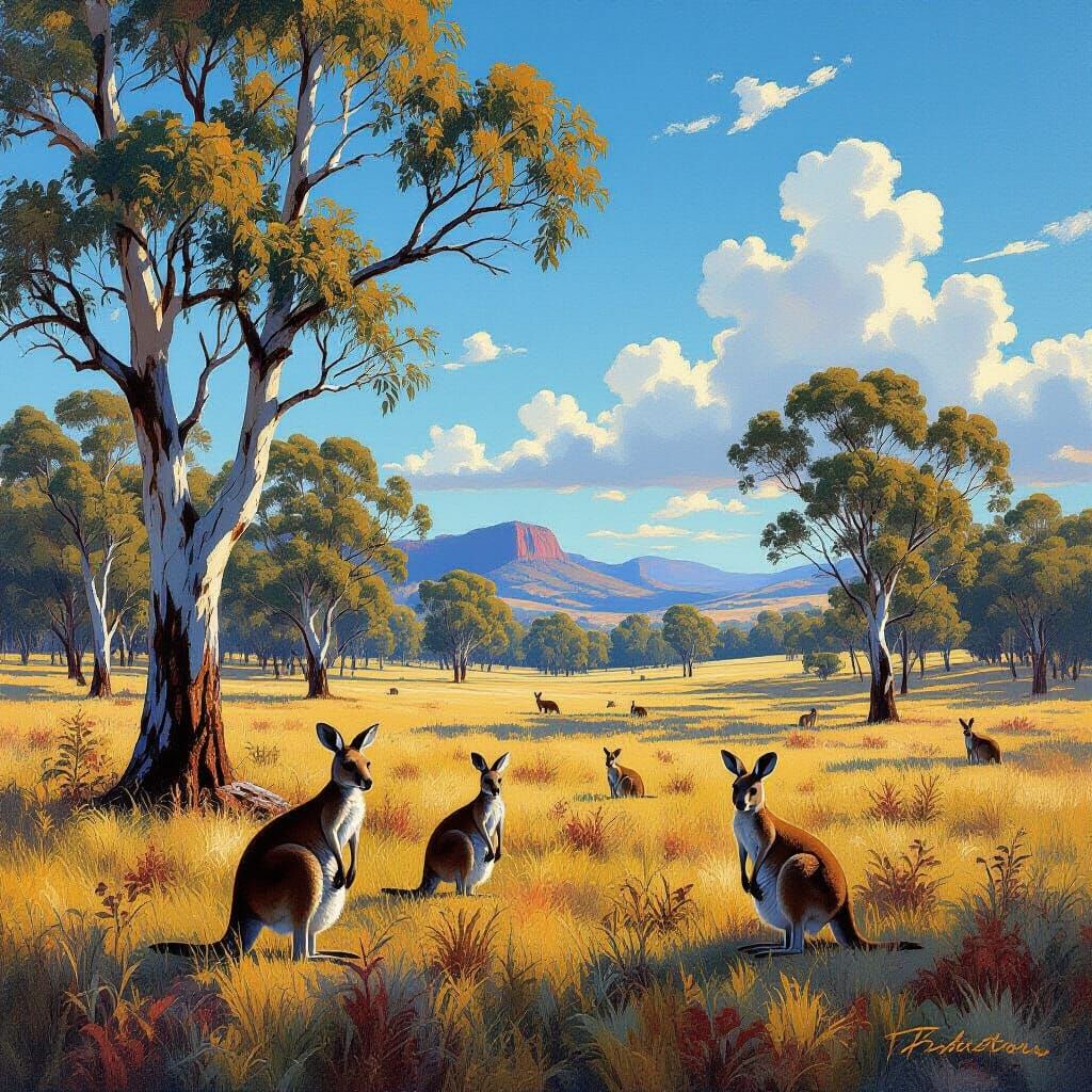 Australian Landscape with Kangaroos in Classic Painting Styl...