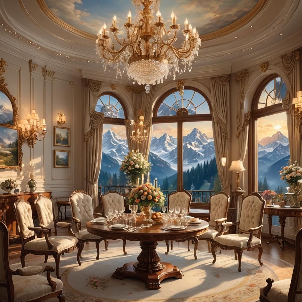 Luminous Alps Dining Scene in Fantasy Art Style