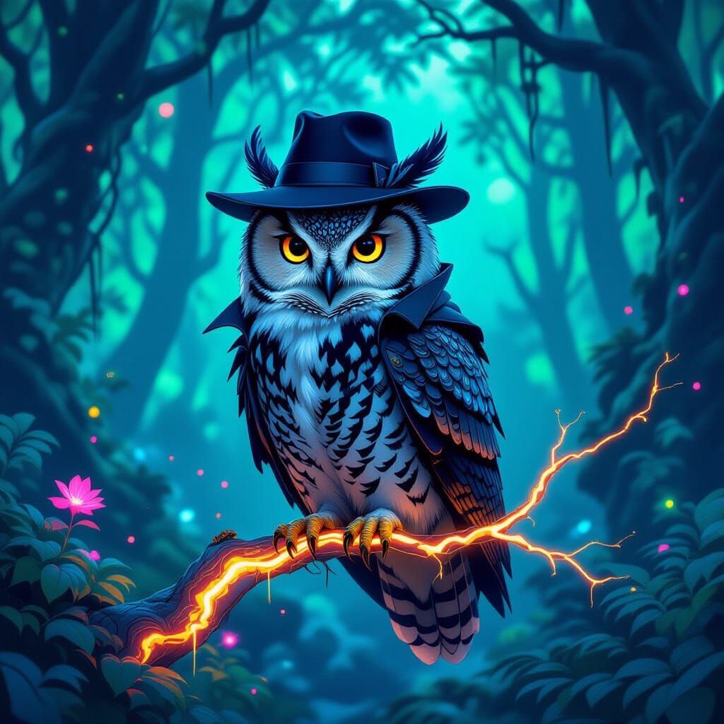 Owl in Deerstalker Hat on Futuristic Branch