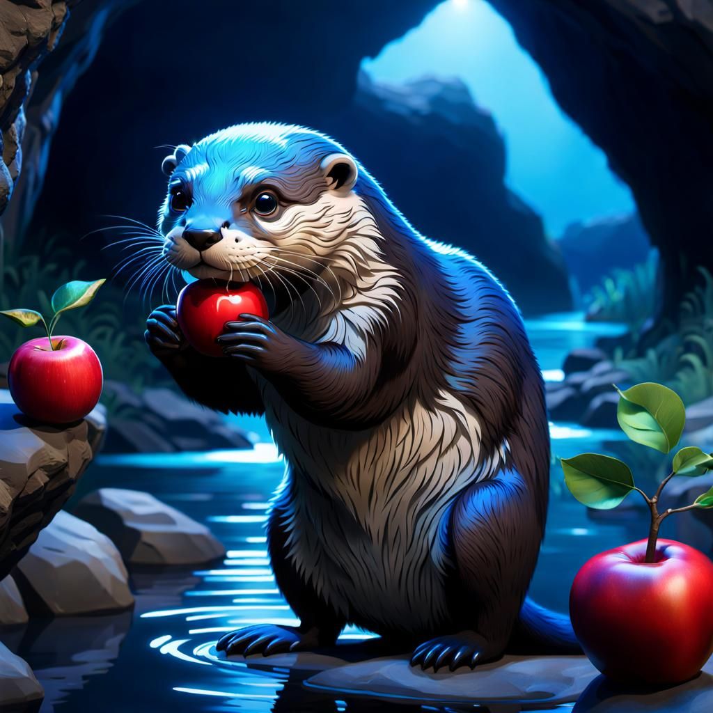 Blue Otter with Apple in Cave: Fantasy Concept Art