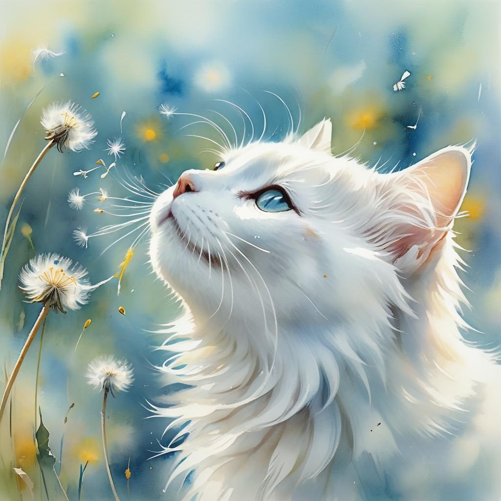 Cat Sniffs Dandelion in Watercolor Style