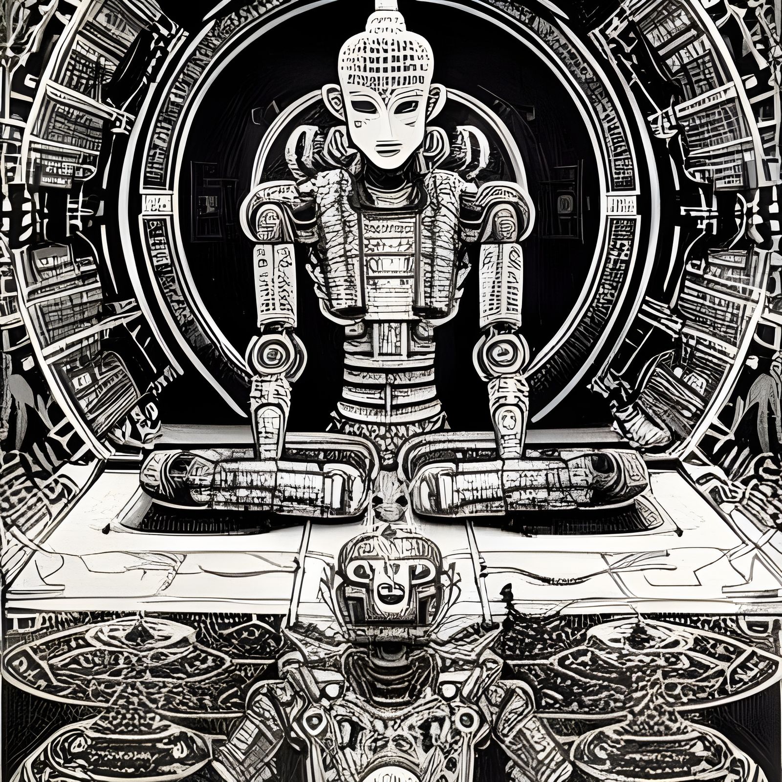 Dieselpunk Robot Meditating in Temple: Pen and Ink Art